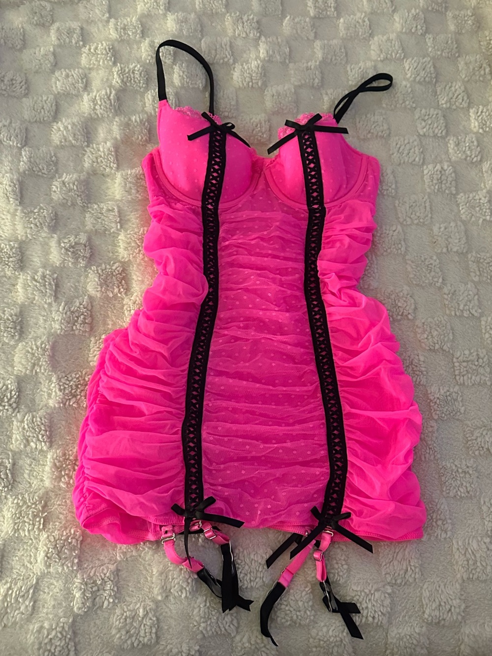 34B Small Victoria's Secret Neon Pink Mesh Chemise with Black Trim